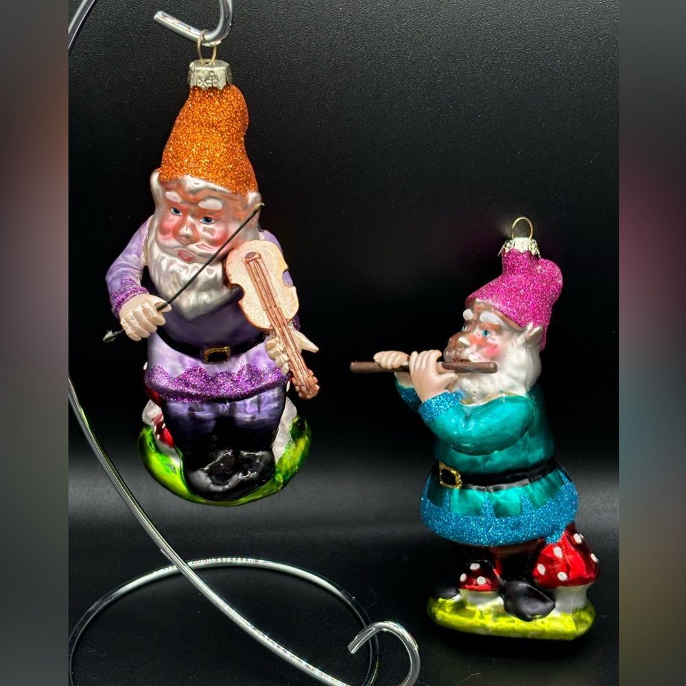 2 Glass Target Christmas Gnome Ornaments Playing Violin and Flute Musical Whimsy